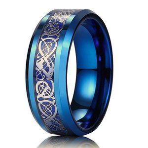 Mens Tungsten Wedding Band 8mm. Blue Celtic Knot Ring w/ Silver and Blue Inlay.